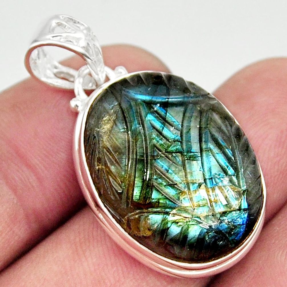 925 silver 23.13cts carving natural blue labradorite oval pendant r29133