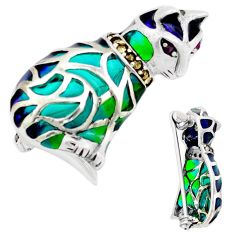 925 silver 0.42cts cat natural red ruby green enamel brooch pendant c29465