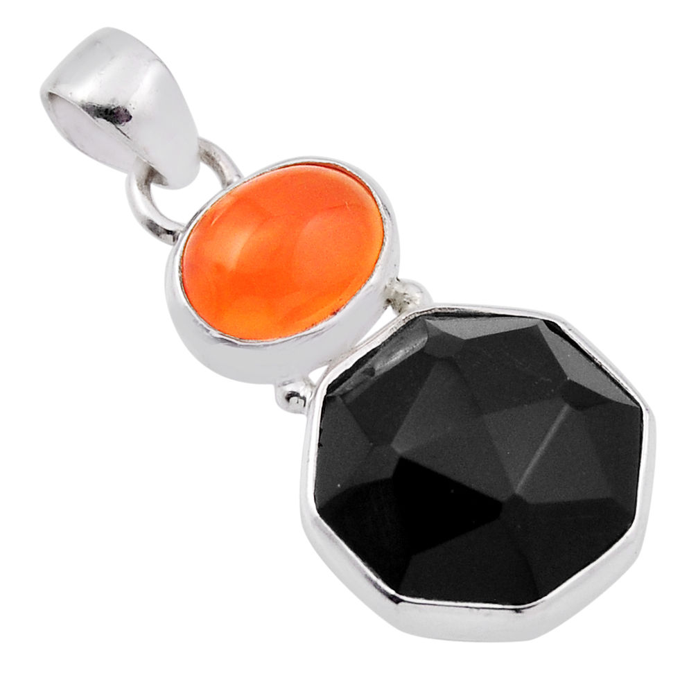 925 silver 11.13cts checker cut black onyx cornelian hexagon pendant n29508