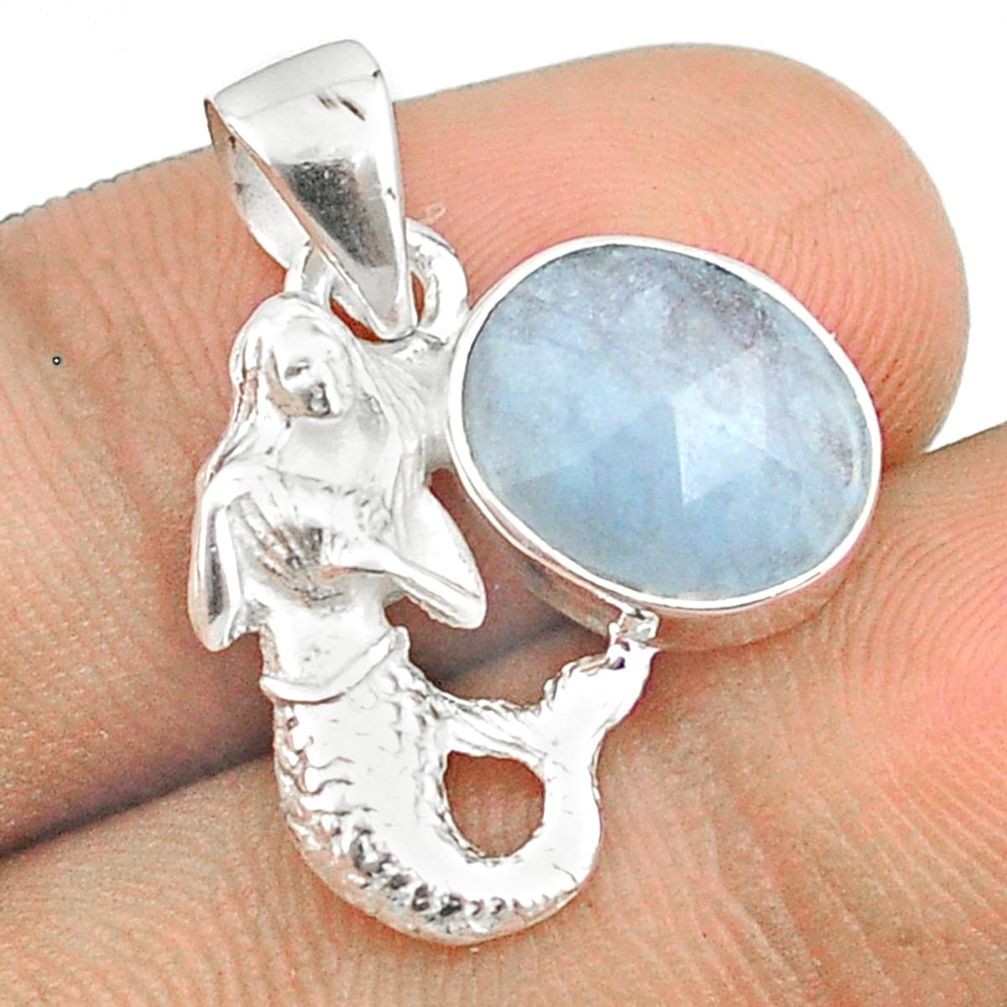 925 silver 4.82cts checker cut sea life natural aquamarine fairy mermaid pendant u25965
