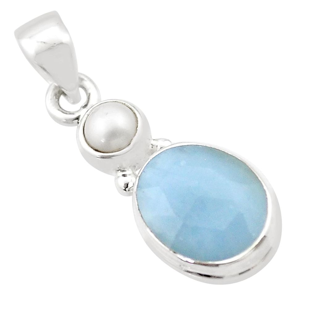 925 silver 4.13cts checker cut natural blue aquamarine pearl pendant u44438