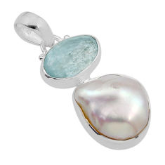925 silver 10.25cts checker cut natural blue aquamarine pearl pendant y91052