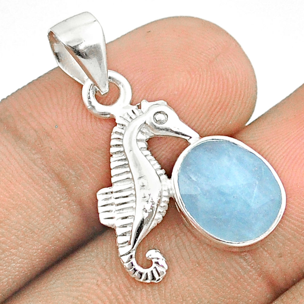 925 silver 5.03cts checker cut sea life natural blue aquamarine seahorse pendant u25903