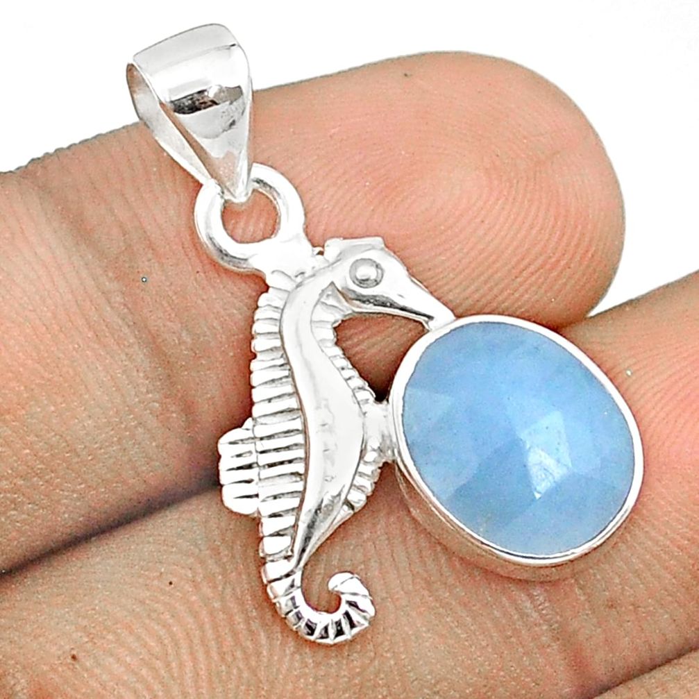 925 silver 5.03cts checker cut sea life natural blue aquamarine seahorse pendant u25912