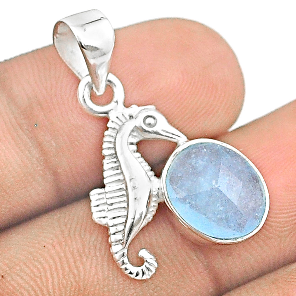 925 silver 4.94cts checker cut sea life natural blue aquamarine seahorse pendant u25915