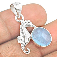 925 silver 4.94cts checker cut natural blue aquamarine seahorse pendant u25915