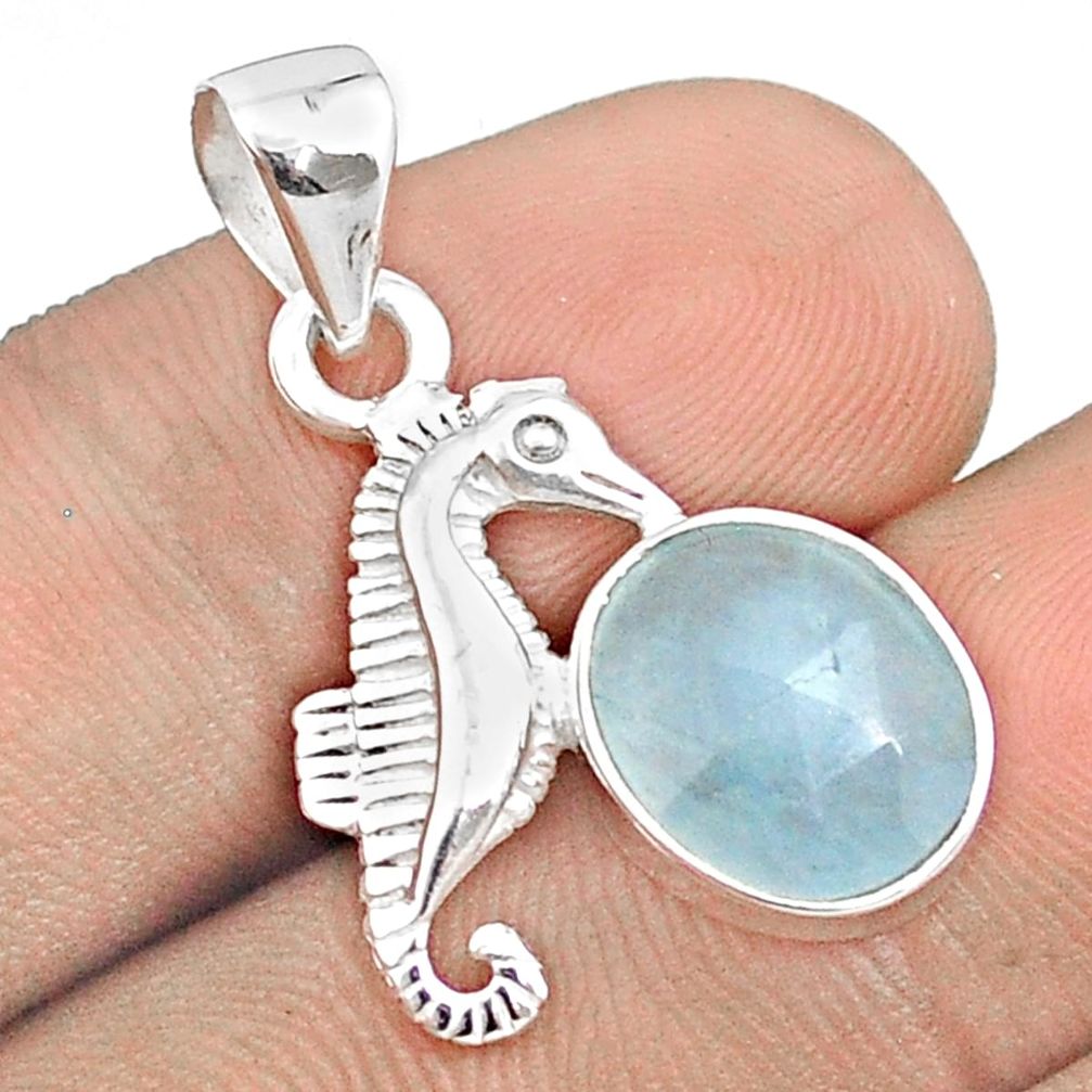 925 silver 5.03cts checker cut sea life natural blue aquamarine seahorse pendant u25917