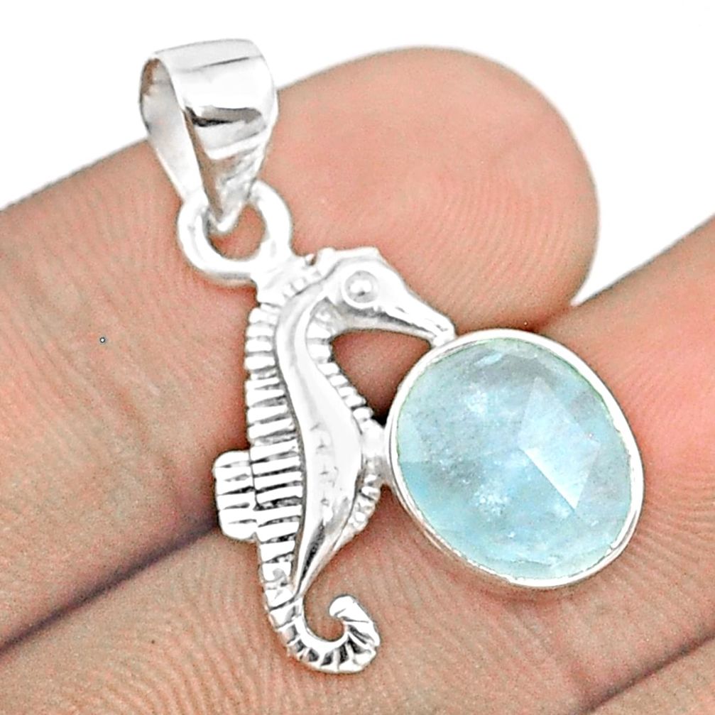 925 silver 5.00cts checker cut sea life natural blue aquamarine seahorse pendant u25920