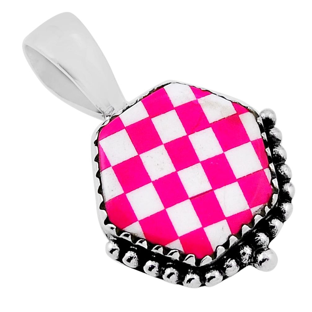 925 silver 4.60cts checker pink white strip opal hexagon pendant jewelry n33102