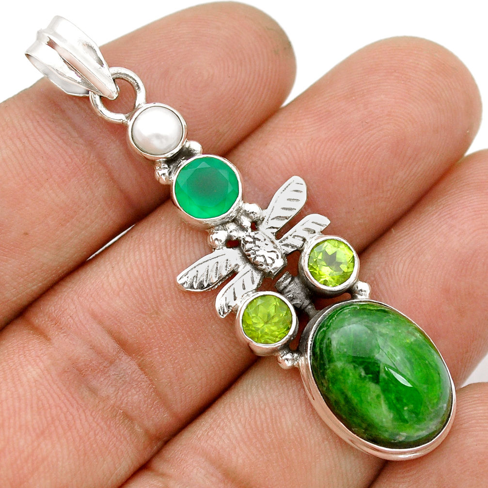 925 silver chrome diopside peridot pearl chalcedony dragonfly pendant u75105