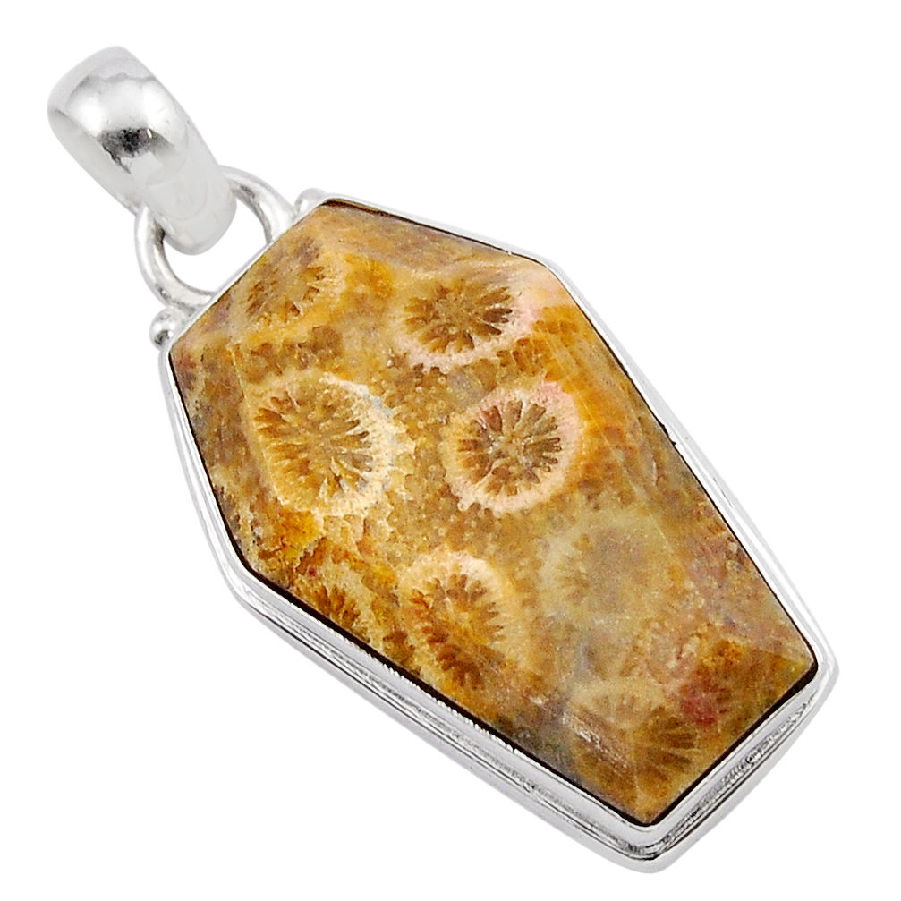 925 silver 15.89cts coffin fossil coral (agatized) petoskey stone pendant y42194