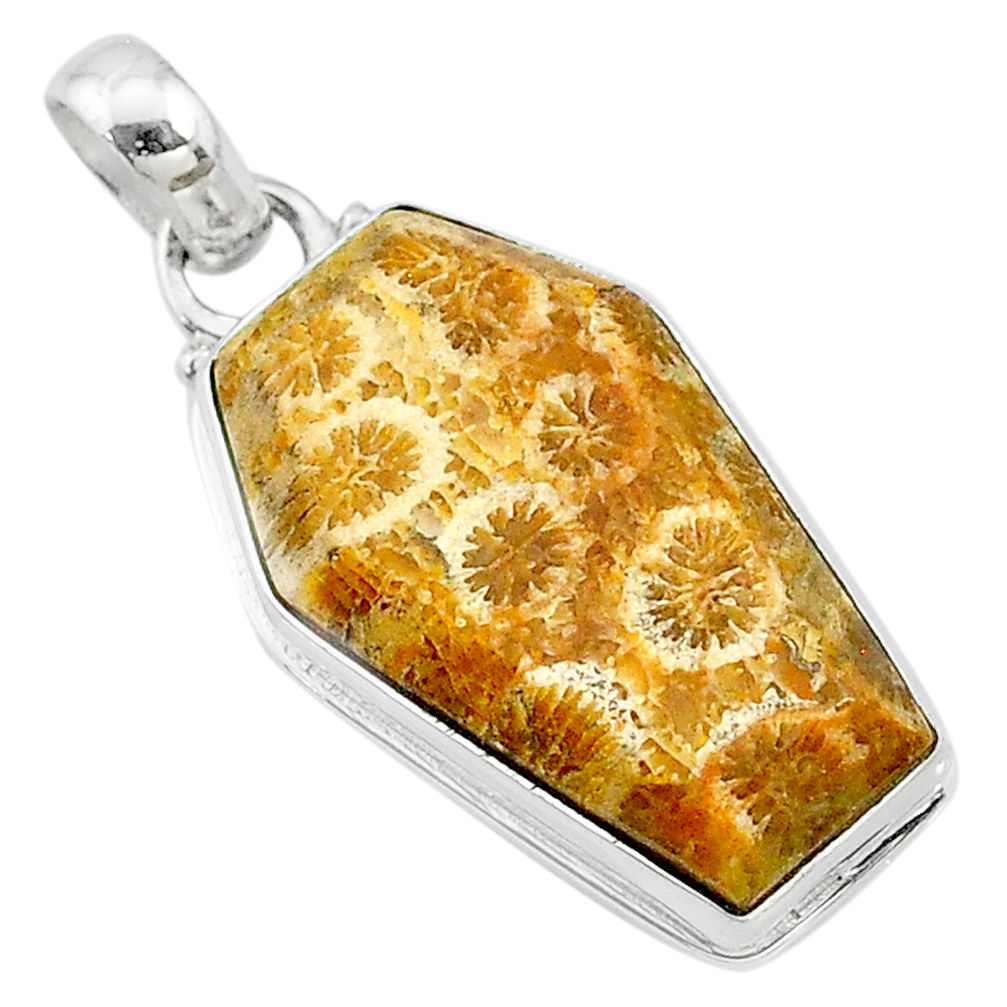 925 silver 16.18cts coffin natural fossil coral petoskey stone pendant t11785