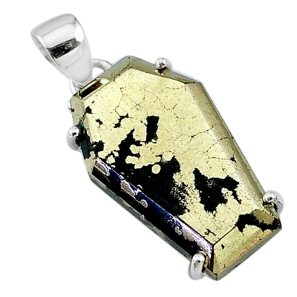 925 silver 18.14cts coffin natural golden pyrite in magnetite pendant t11940