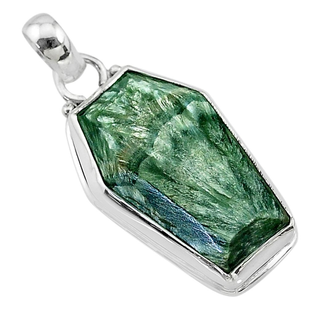 925 silver 15.65cts coffin natural green seraphinite (russian) pendant t11724