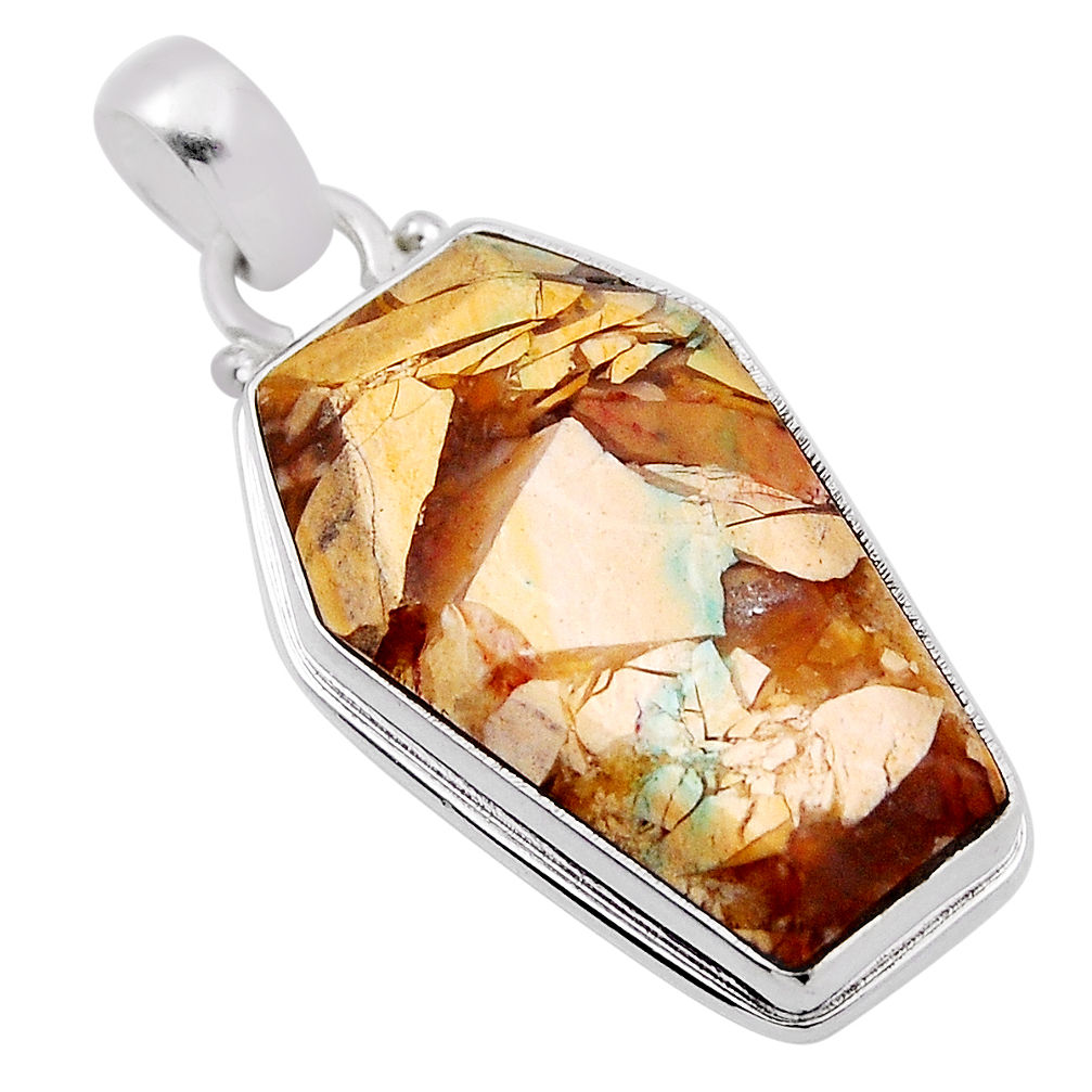925 silver 13.27cts coffin natural yellow brecciated mookaite pendant n29420
