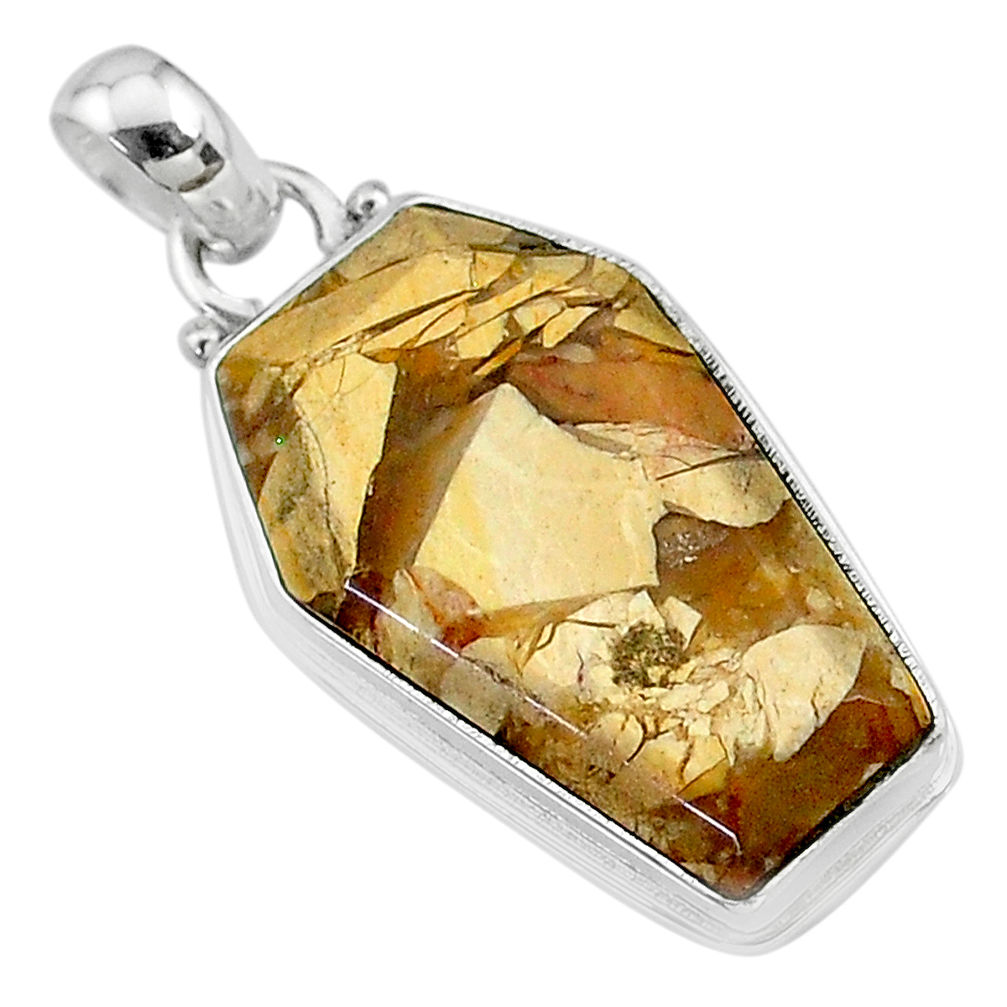 925 silver 15.08cts coffin natural yellow brecciated mookaite pendant t11819