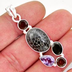 925 silver 14.90cts dinosaur bone fossilized onyx smoky topaz pendant y21353