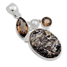 925 silver 20.65cts dinosaur bone fossilized smoky topaz pearl pendant n13546