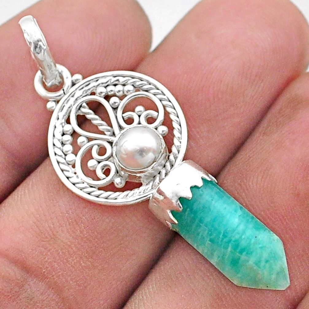 925 silver 6.88cts double pointer green peruvian amazonite pearl pendant t65299