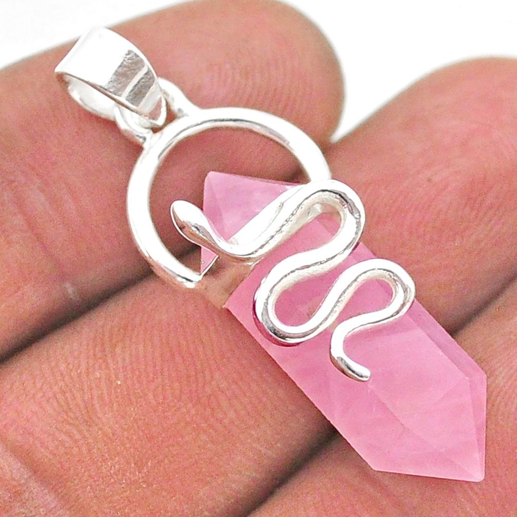 925 silver 13.68cts double pointer natural pink rose quartz snake pendant t44404