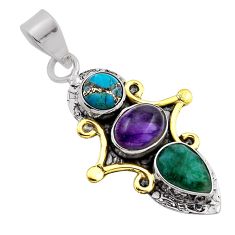 925 silver 4.93cts emerald pear copper turquoise amethyst gold pendant n25584