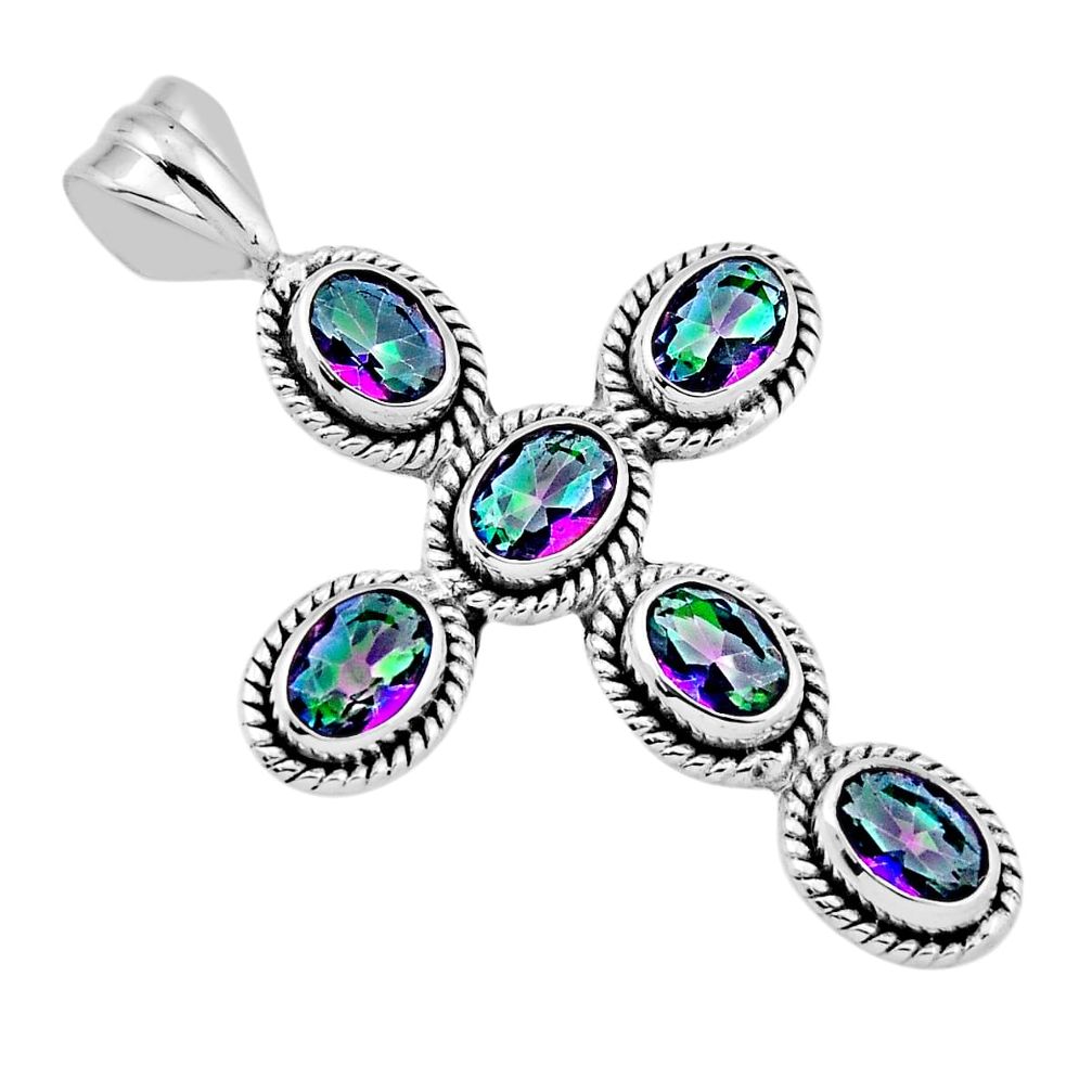 925 silver 8.96cts faceted rainbow topaz oval shape holy cross pendant n44955