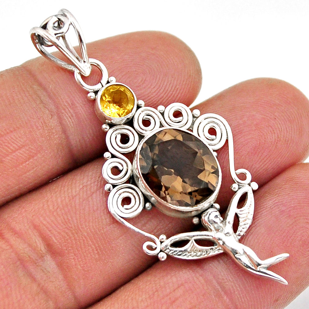 925 silver 6.14cts faceted smoky topaz citrine angel wings fairy pendant y61395
