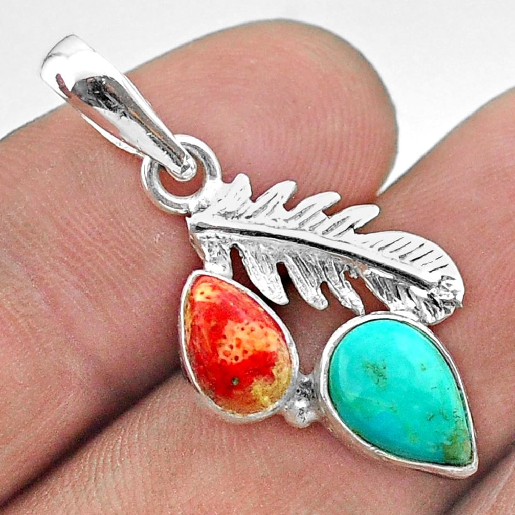 925 silver 4.88cts feather green arizona mohave turquoise coral pendant t51319