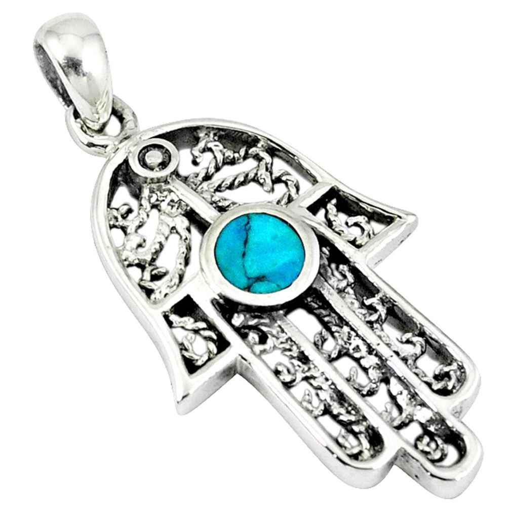 Fine green turquoise enamel 925 silver hand of god hamsa pendant c10970