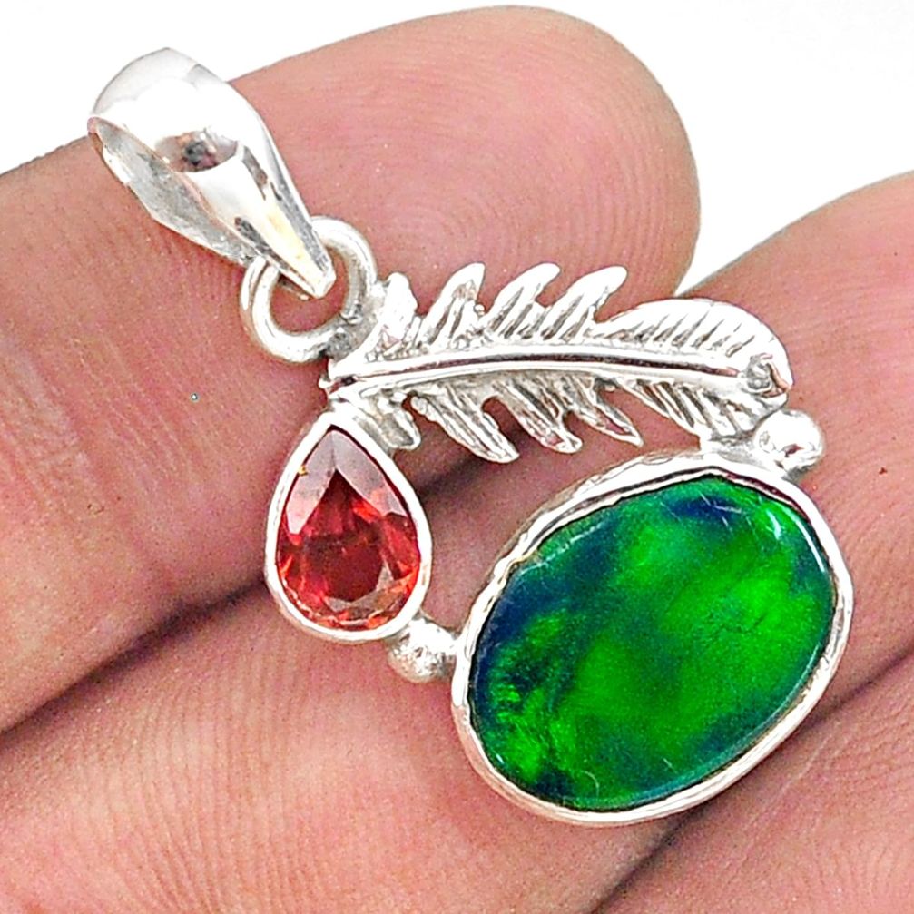 silver 3.44cts fine northern lights aurora opal (lab) red garnet pendant t34415