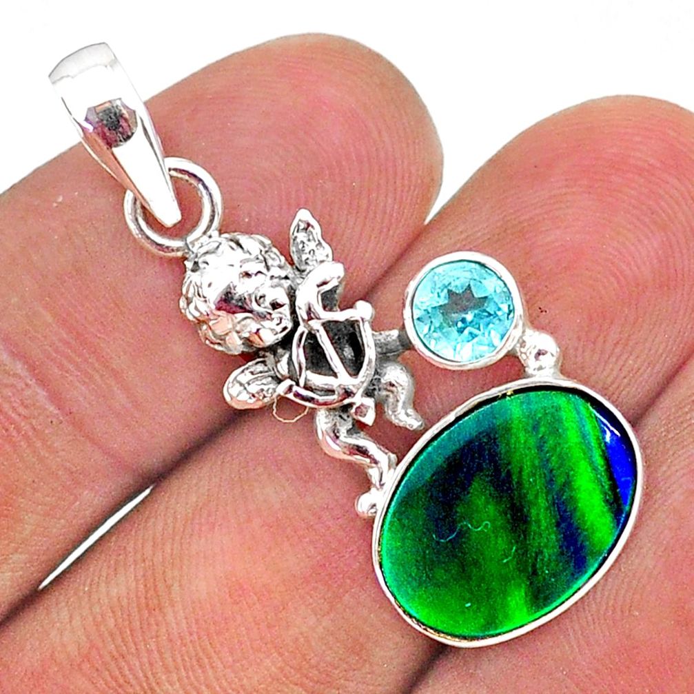 3.83cts fine northern lights aurora opal (lab) topaz angel pendant t34412