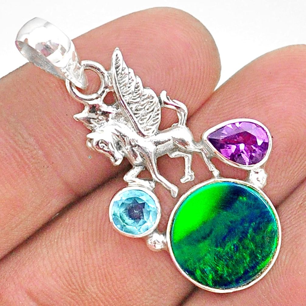 5.38cts fine northern lights aurora opal (lab) topaz unicorn pendant t34410