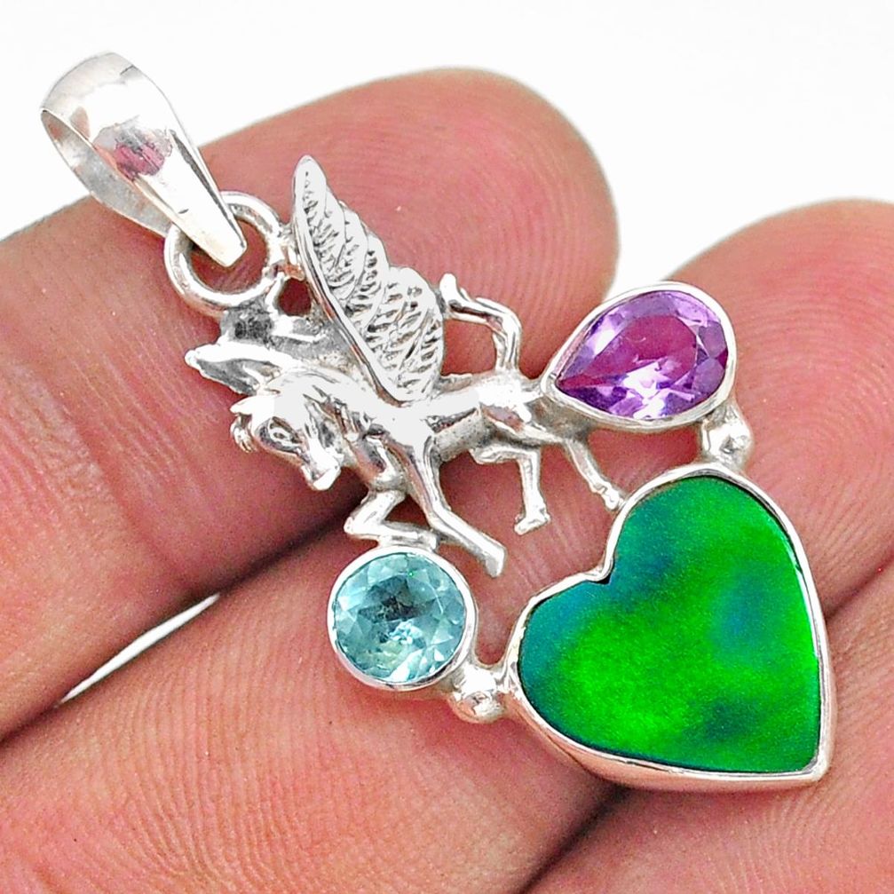 925 silver 4.93cts fine northern lights aurora opal (lab) unicorn pendant t34435