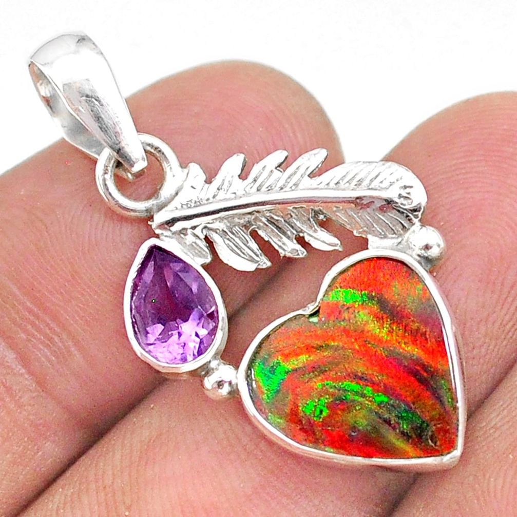 silver 3.83cts fine volcano aurora opal (lab) amethyst feather pendant t34464