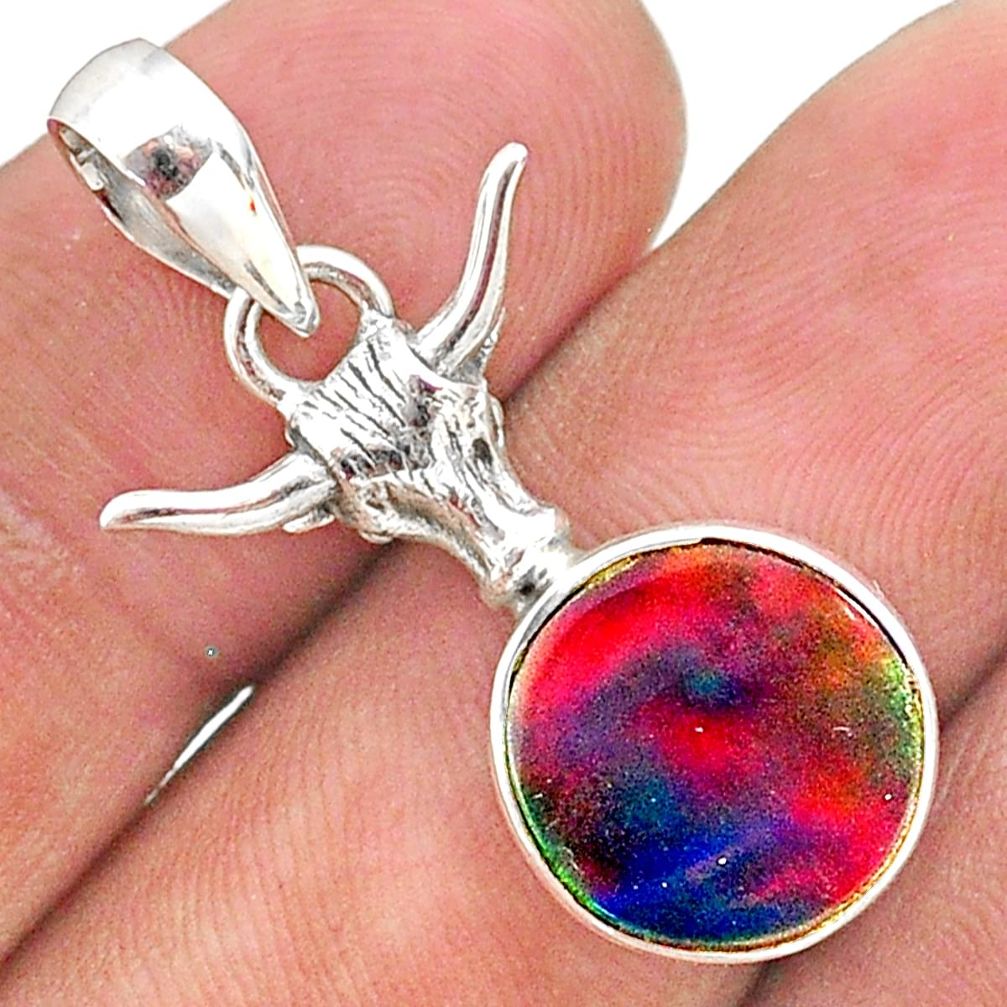 silver 3.83cts fine volcano aurora opal (lab) bull face pendant jewelry t34448