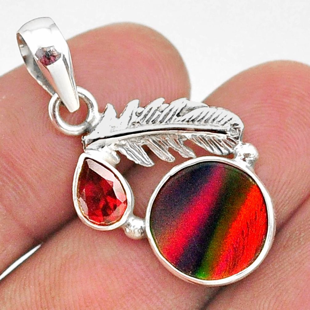 silver 3.82cts fine volcano aurora opal (lab) red garnet feather pendant t34459