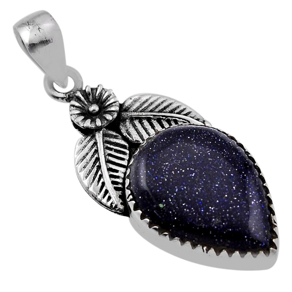 925 silver 12.42cts flower with leaf natural blue goldstone pear pendant n33205