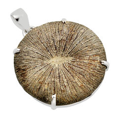 925 silver 54.50cts fossil coral (agatized) petoskey stone round pendant y88711