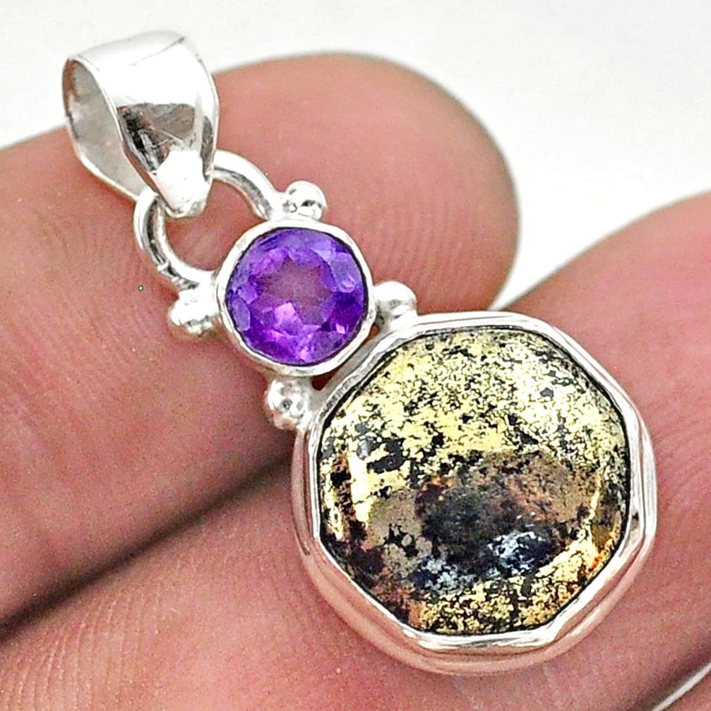 925 silver 6.26cts golden pyrite in magnetite hexagon amethyst pendant t46453