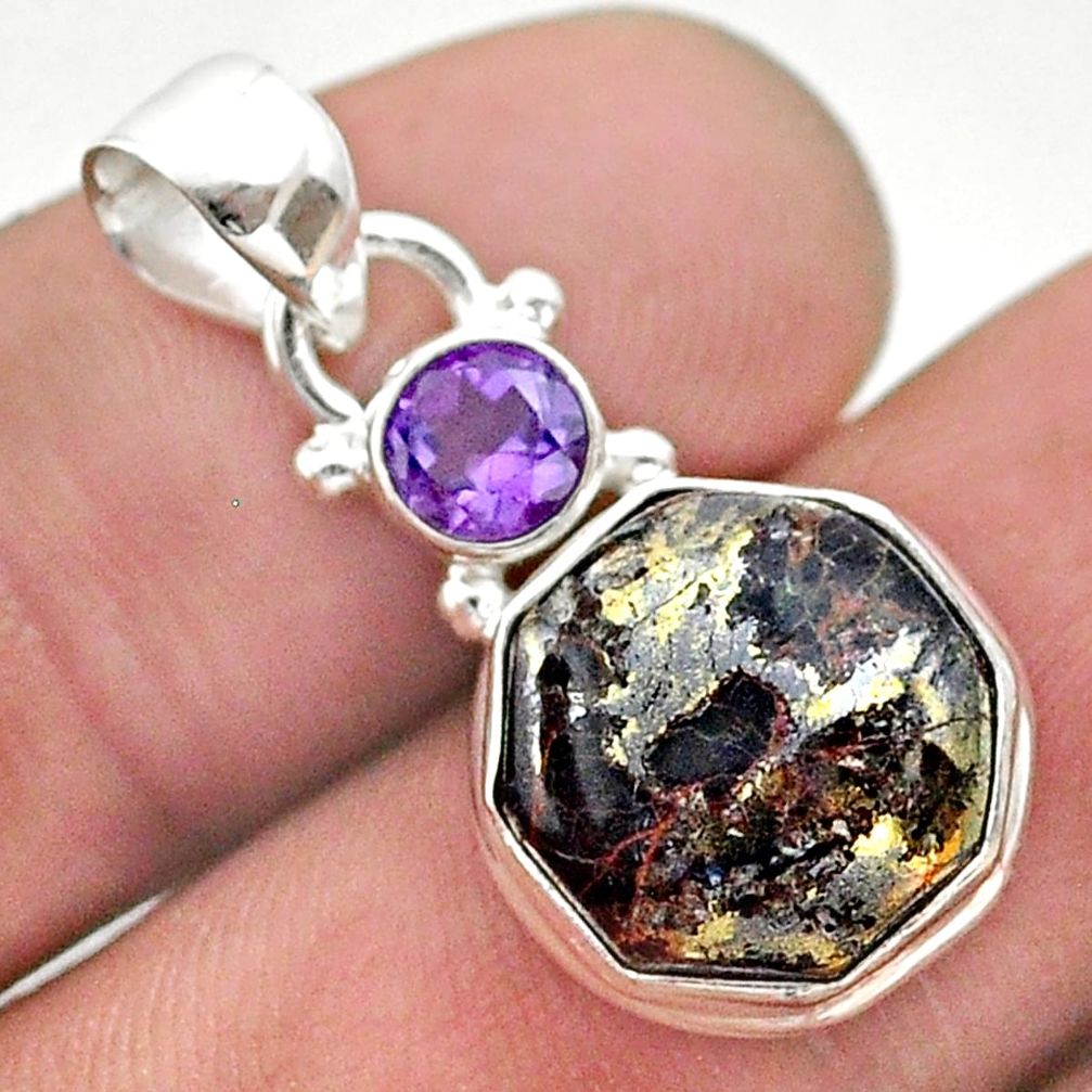 925 silver 6.97cts golden pyrite in magnetite hexagon amethyst pendant t46460