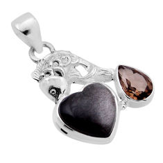 925 silver 7.83cts golden sheen black obsidian smoky topaz fish pendant n51496