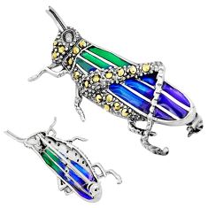 925 silver 5.87gms grasshopper marcasite blue green enamel brooch pendant c29440