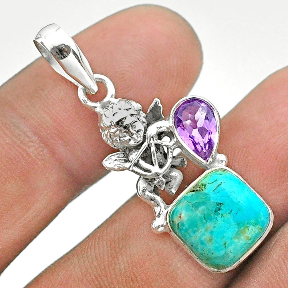 925 silver 6.31cts green arizona mohave turquoise amethyst angel pendant t51298