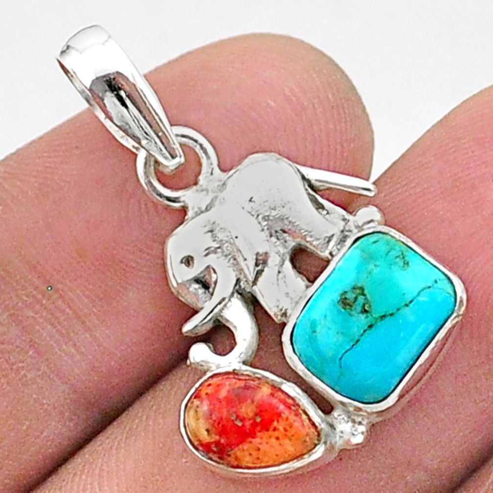 925 silver 4.89cts green arizona mohave turquoise coral elephant pendant t38423