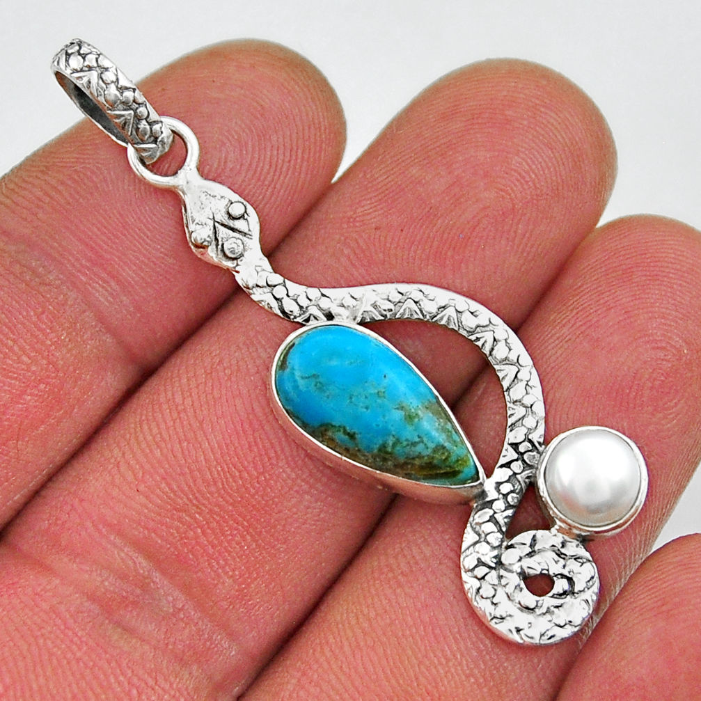 925 silver 7.79cts green arizona mohave turquoise pearl snake pendant y26183