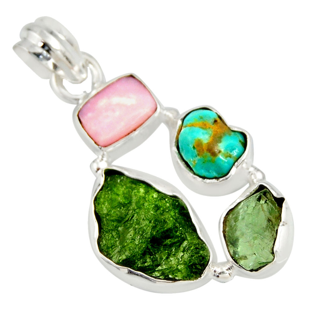 925 silver 13.15cts green chrome diopside rough pink opal pendant r26844