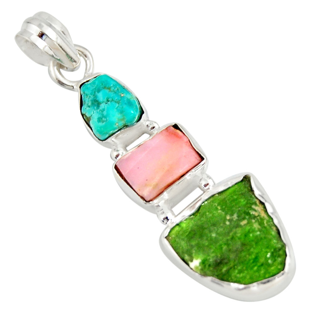 925 silver 12.62cts green chrome diopside rough pink opal pendant r26847