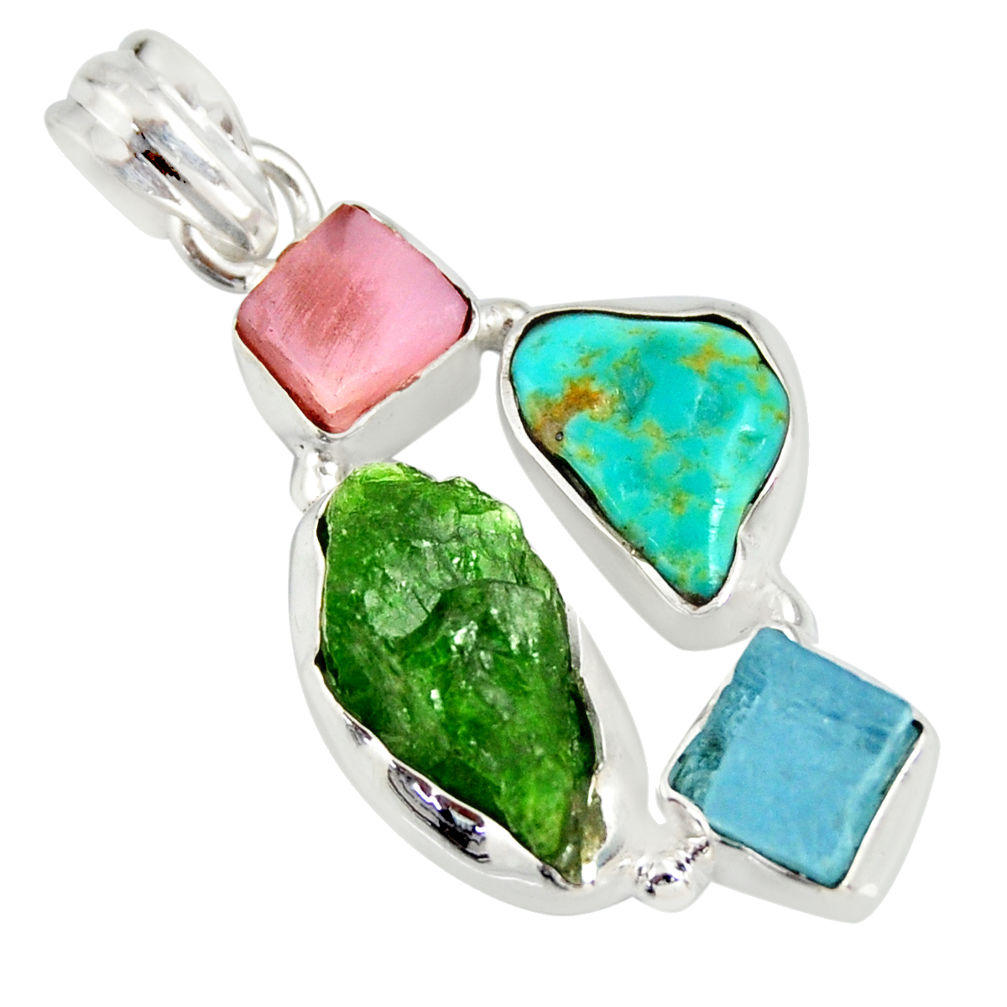 925 silver 14.50cts green chrome diopside rough pink opal pendant r26858