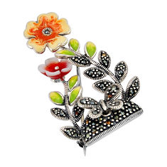 925 silver 6.68gms green orange yellow enamel marcasite brooch pendant y66180