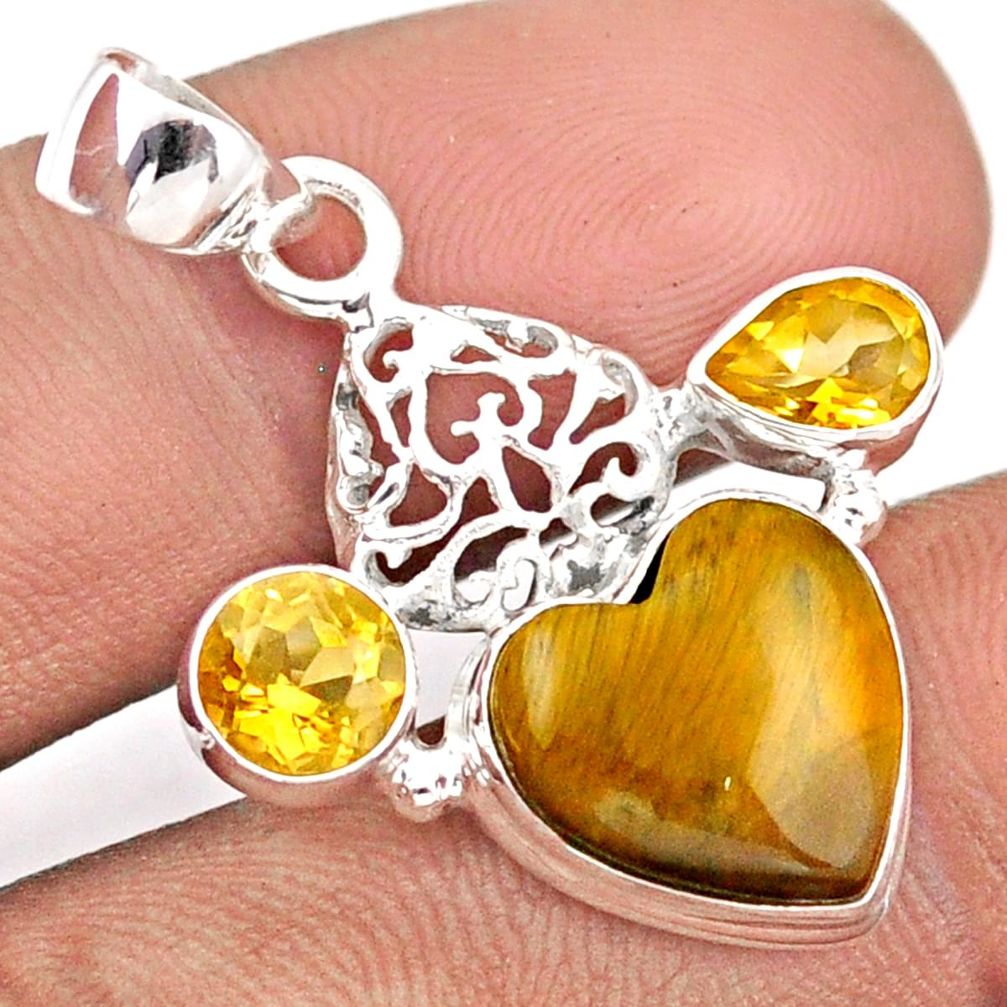 925 silver 6.77cts heart natural brown tiger's eye yellow citrine pendant u1475